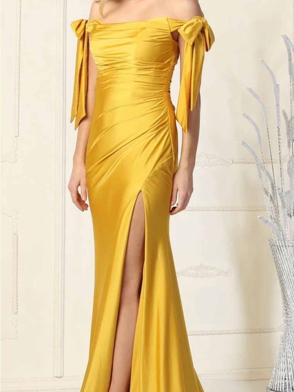 May Queen Off-Shoulder Yellow Satin Gown with High Slit